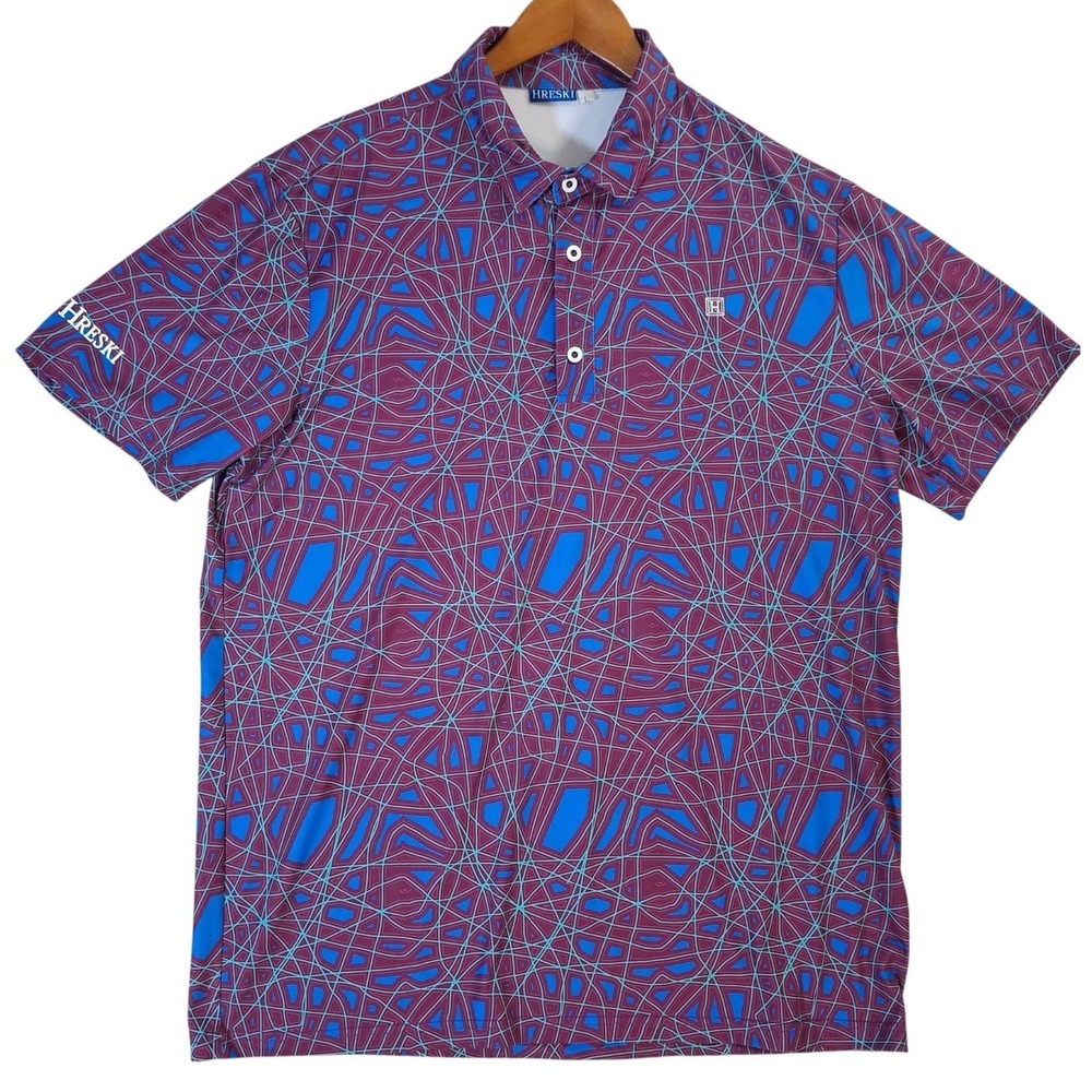 Hreski Geometric Golf Polo Shirt Men's Large Purple AOP Short Sleeve Performance